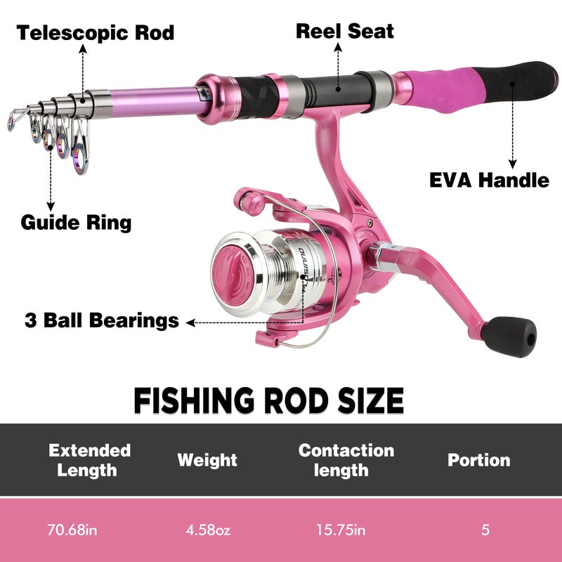 PLUSINNO Fishing Rod and Reel Combos, Fishing Gear Gifts for Women with Spinning Reel, Lures, Line, Pink Ladies Telescopic Pole Kit Designed for Girls Adults by PLUSINNO - Image 2